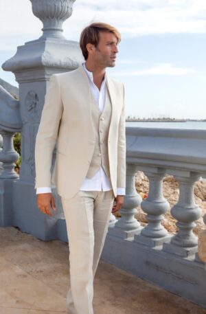 Traje de lino ibicenco cuello smoking beig