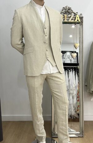 Traje de lino ibicenco nuevo color beige con cuello Mao