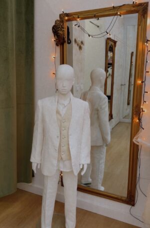 Conjunto de Comunion de 4 piezas de lino con cuello Mao blanco